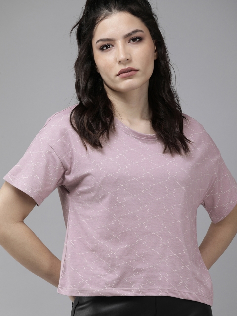 

Roadster Women Mauve Ditsy Printed Drop-Shoulder Sleeves Crop T-shirt