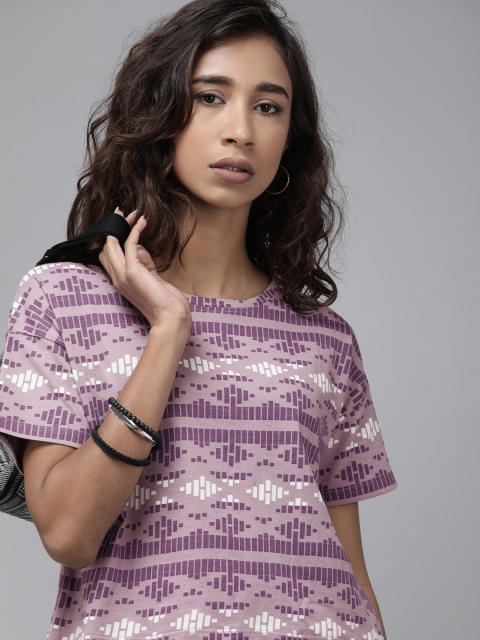 

Roadster Women Purple & Grey Geometric Printed Pure Cotton Boxy T-shirt