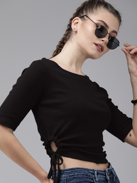 

Roadster Black Ribbed Fitted Crop Top with Waist Tie-Up