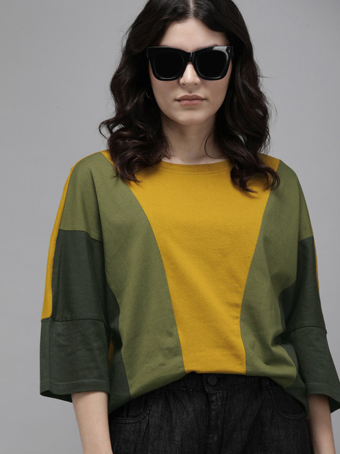 

Roadster Women Mustard Yellow & Olive Green Colourblocked Regular Top