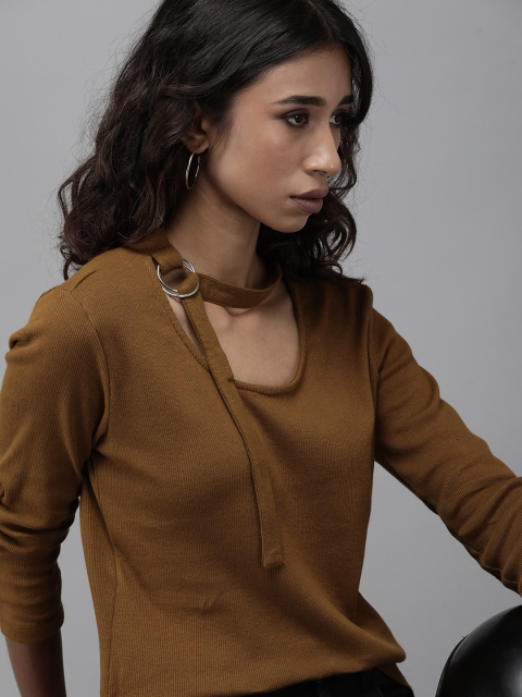 

Roadster Brown Ribbed Tie-Up Choker Neck Regular Top