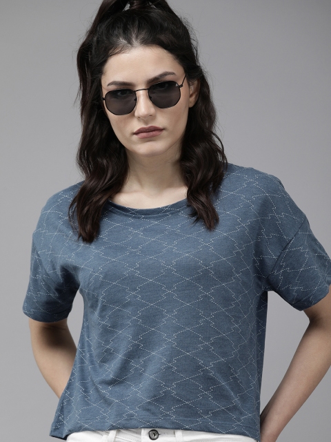 

Roadster Women Blue Ditsy Printed Drop-Shoulder Sleeves Crop T-shirt