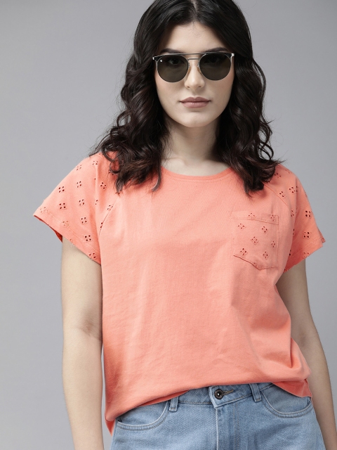 

Roadster Women Peach-Coloured Schiffli Embroidered Pure Cotton Regular Top