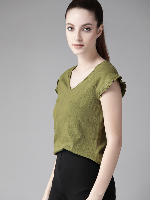 

Roadster Olive Green Self Textured Pure Cotton Regular Top