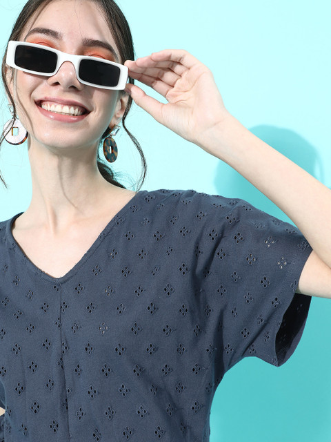 

Roadster Women Deep Navy Blue Geometric Schiffli Top