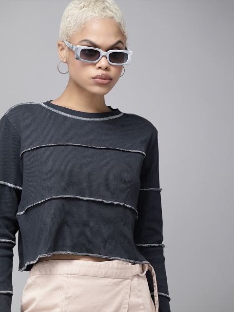

The Roadster Lifestyle Co Navy Blue Self Design Textured Denim Crop Top