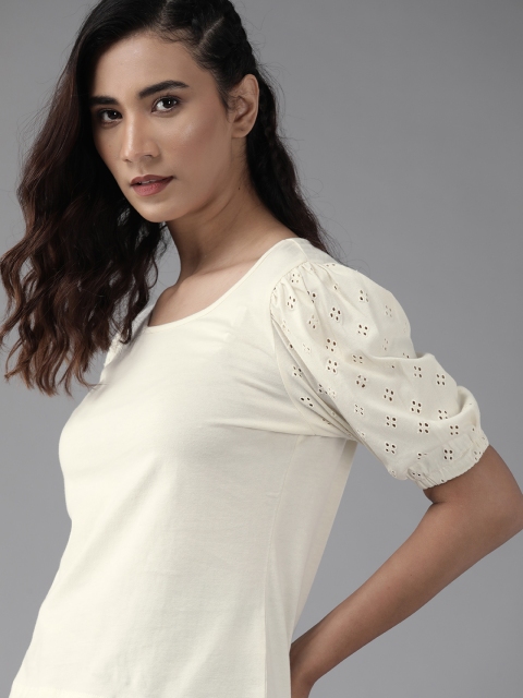 

Roadster Women Cream Solid Schiffli Top