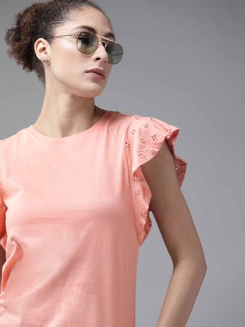 

Roadster Peach-Coloured Solid Cotton Schiffli Regular Top with Embroidered detail