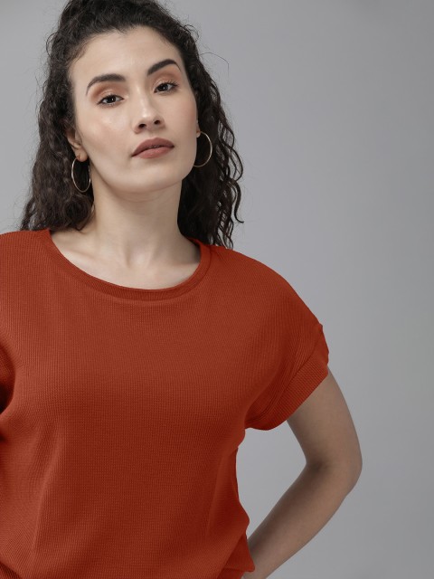 

Roadster Women Red Self Designed Regular Top