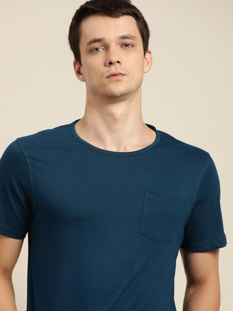 

ether Men Teal Blue Pure Cotton Solid Pure Cotton T-shirt