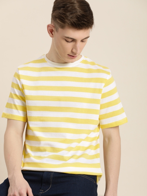 

ether Men Yellow & White Striped Pure Cotton Casual T-shirt