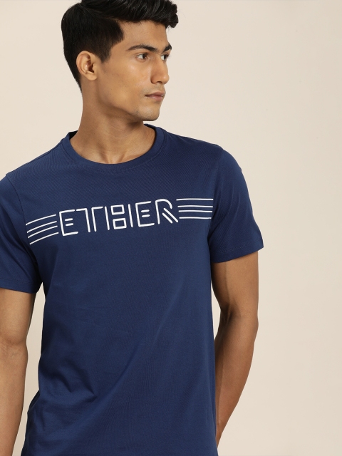 

ether Men Blue Brand Logo Printed Regular Fit Pure Cotton T-shirt