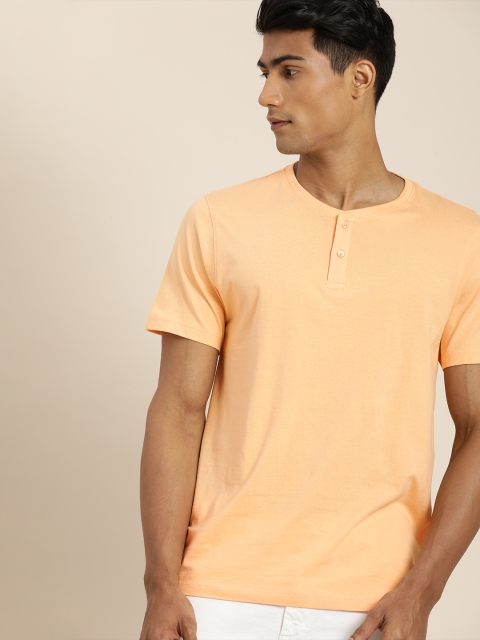 

ether Men Peach-Coloured Henley Neck Regular Fit Pure Cotton T-shirt