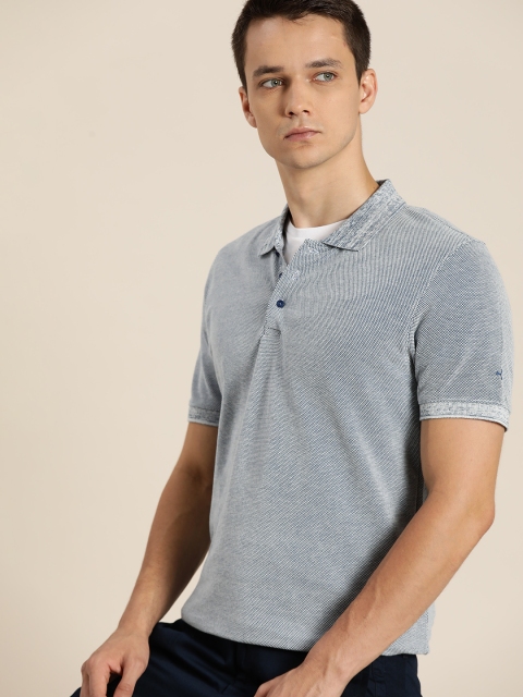 

ether Men Navy Blue White Pure Cotton Self-Design Polo Collar Pure Cotton T-shirt