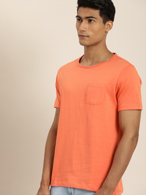 

ether Men Orange Solid Regular Fit Pure Cotton T-shirt With Chest Pocket
