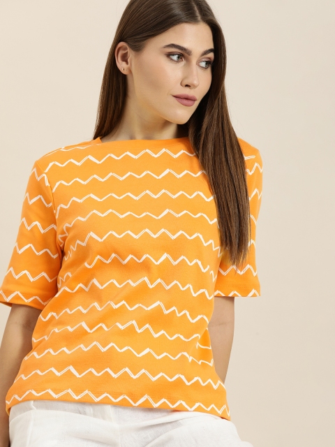 

ether Women Yellow & White Printed Pure Cotton T-shirt