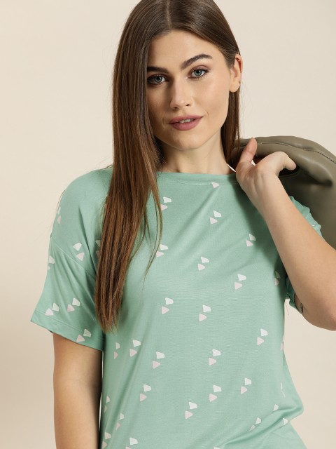 

ether Women Green & White Printed Drop-Shoulder Sleeves T-shirt