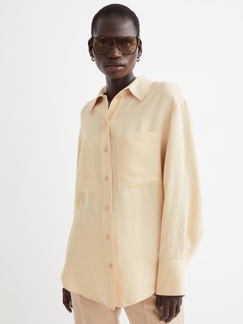 

H&M Women Beige Solid Oversized Lyocell-Blend Shirt