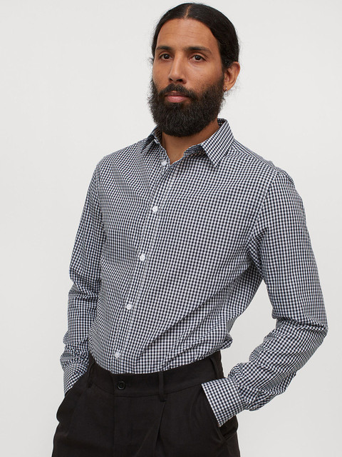 

H&M Men Navy Blue & White Gingham Checks Slim Fit Easy-Iron Shirt