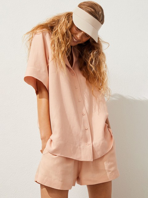 

H&M Women Orange Oversized Linen-Blend Shirt