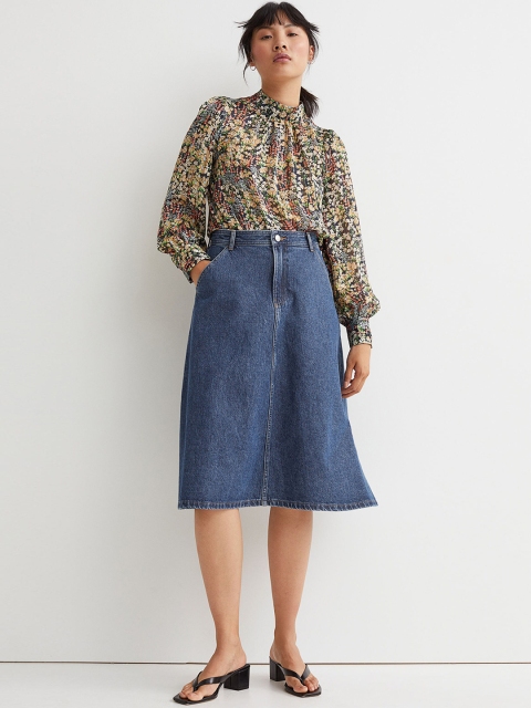 

H&M Blue Knee-length Pure Cotton A-Line Skirt