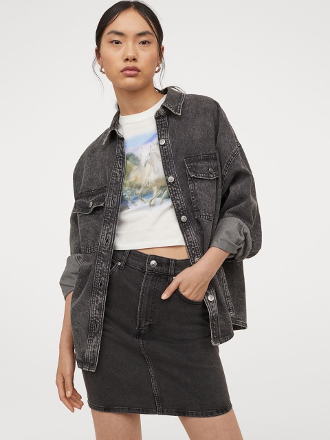 

H&M Women Black & Grey Mom Fit Denim Skirt