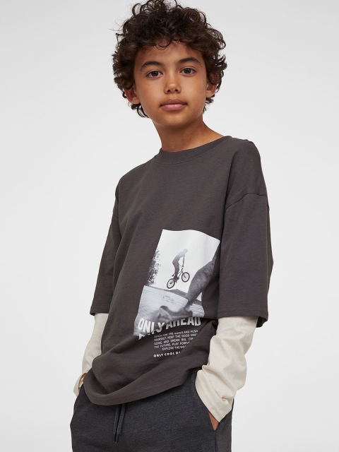 

H&M Boys Grey Printed Double-Layered Cotton Jersey Top