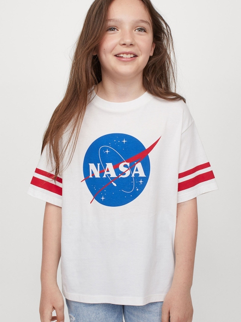 HM Girls White Blue Printed Oversized Pure Cotton T-shirt