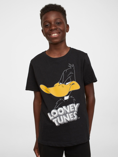 

H&M Boys Black & Mustard Yellow Pure Cotton Looney Tunes Printed T-shirt