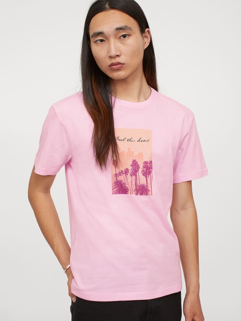 

HM Men Pink Pure Cotton Printed Pure Cotton T-shirt
