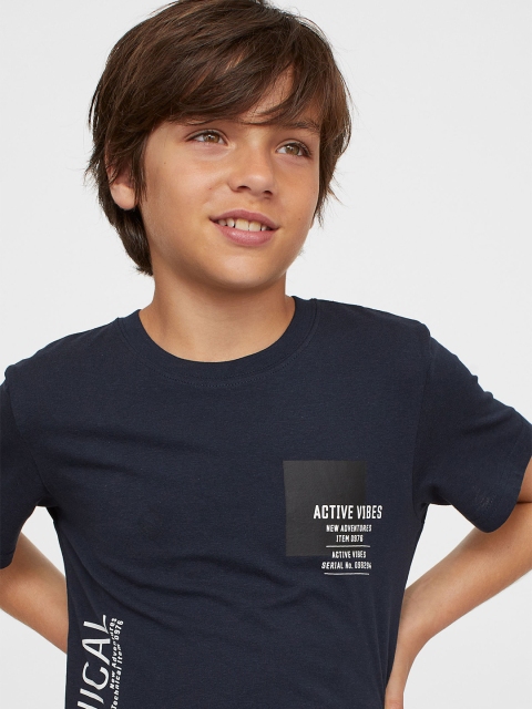 

H&M Boys Navy Blue & White Pure Cotton Printed T-shirt