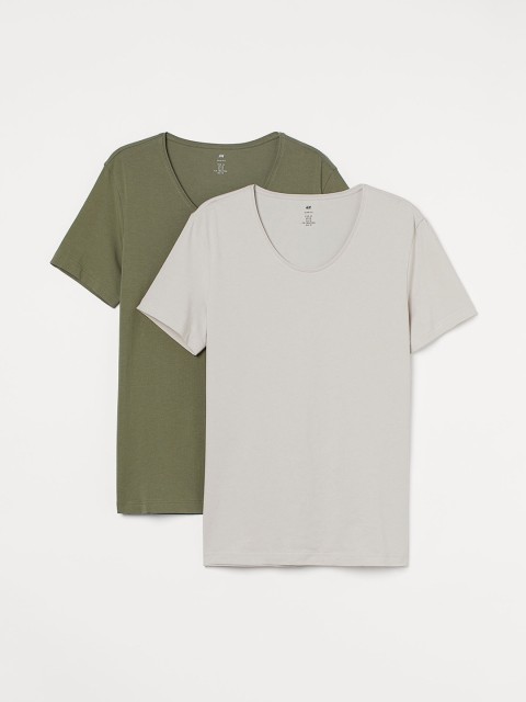

H&M Men Green & Grey Solid 2-Pack Slim Fit T-shirts