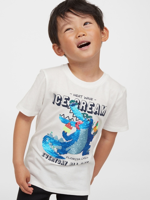 

H&M Boys White Printed Reversible Sequin Cotton T-shirt