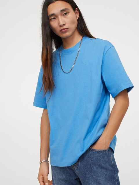 

H&M Men Blue Solid Relaxed Fit Cotton T-shirt