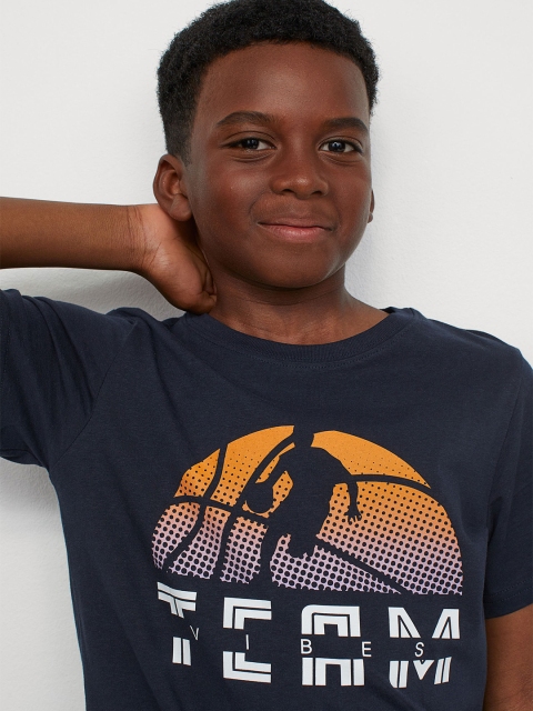 

HM Boys Navy Blue Orange Basketball Cotton Pure Cotton T-shirt