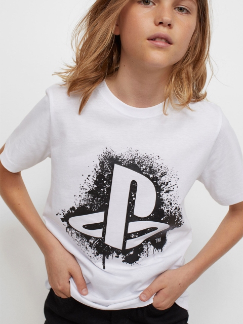 

HM Boys White Black Playstation Printed Pure Cotton T-shirt