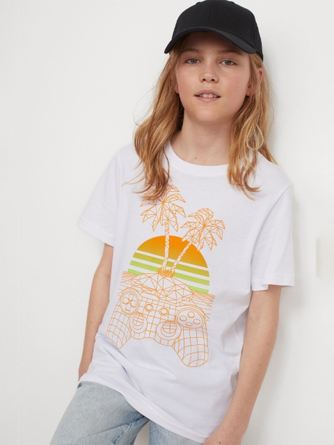 

HM Boys White Orange Printed Cotton Pure Cotton T-shirt