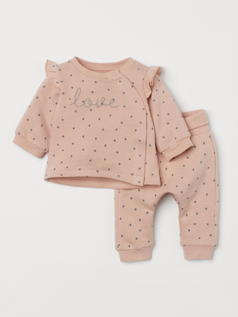 

H&M Girls Peach & Black Printed Cotton Top With Trousers Set