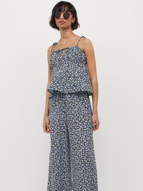 

H&M Women Black Floral Printed Wide Satin Trousers