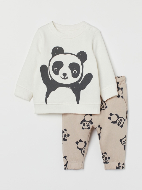 

H&M Boys White & Beige Panda Printed T-Shirt & Trouser 2-Piece Set