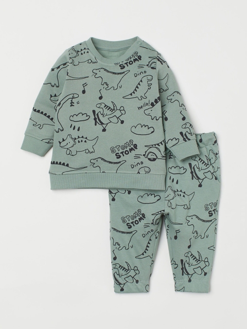 

H&M Boys Green & Black Dinosaur Printed Cotton Top & Trousers Set
