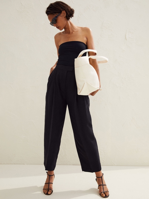 

H&M Women Black Solid Wide Linen-Blend Trousers