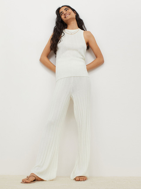 

H&M Women White Solid Rib-Knit Trousers