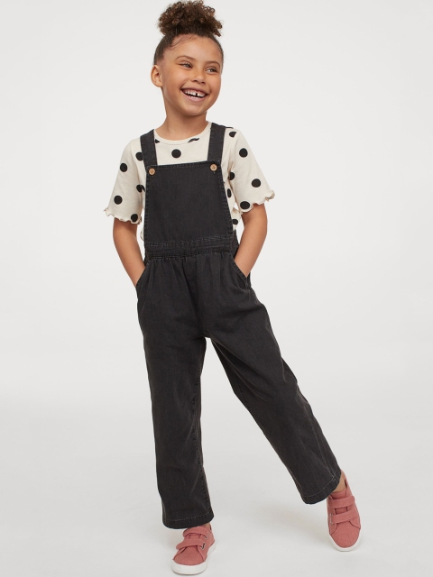 

H&M Girls Black & Beige Printed Top with Dungarees Set