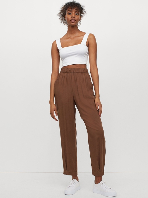 

H&M Women Brown Solid Pleat-Hem Trousers