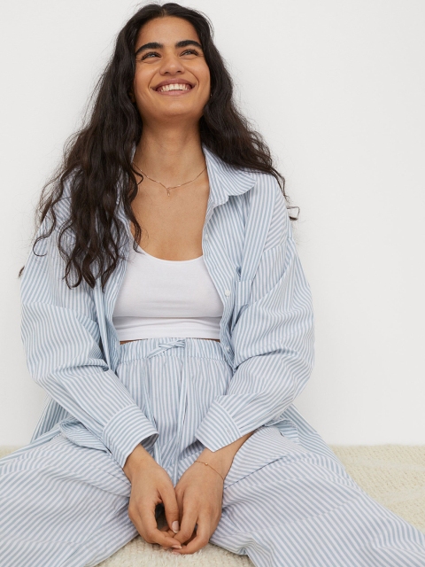 

H&M Women Turquoise Blue & White Striped Cotton Pyjama Bottoms