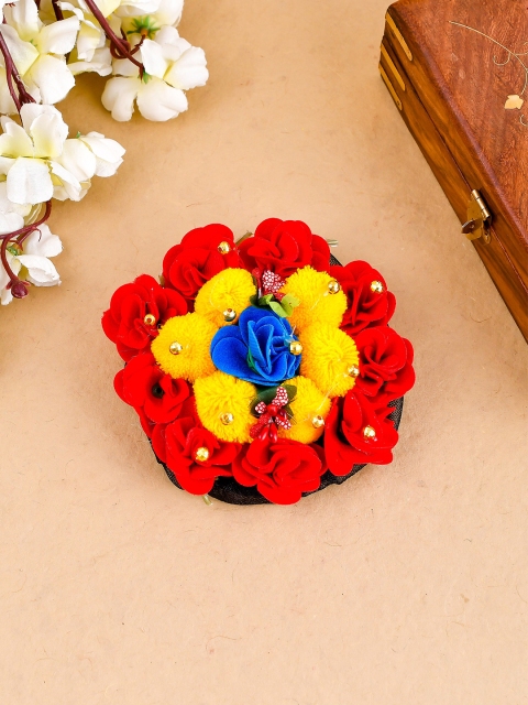 

Silvermerc Designs Women Red & Yellow Embellished Pom Pom Juda Bun Cover Hair Accessory