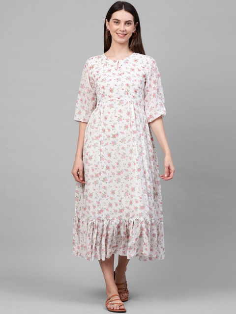 

FASHOR Women White Floral Printed Keyhole Neck Georgette A-Line Midi Dress