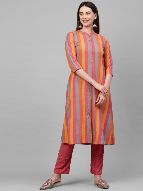 

FASHOR Women Yellow And Red Striped Kurta