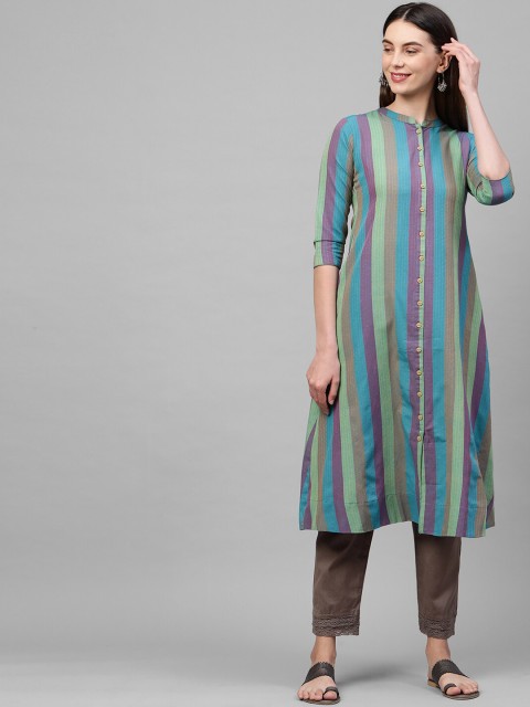 

FASHOR Women Green & Purple Striped Kurta